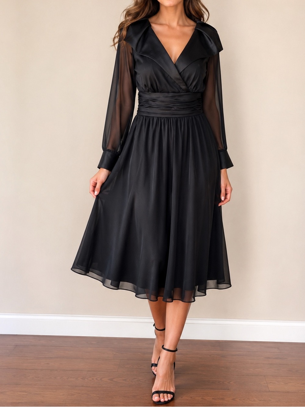 Eliza J  Sheer Sleeves Satin Yoke Dress